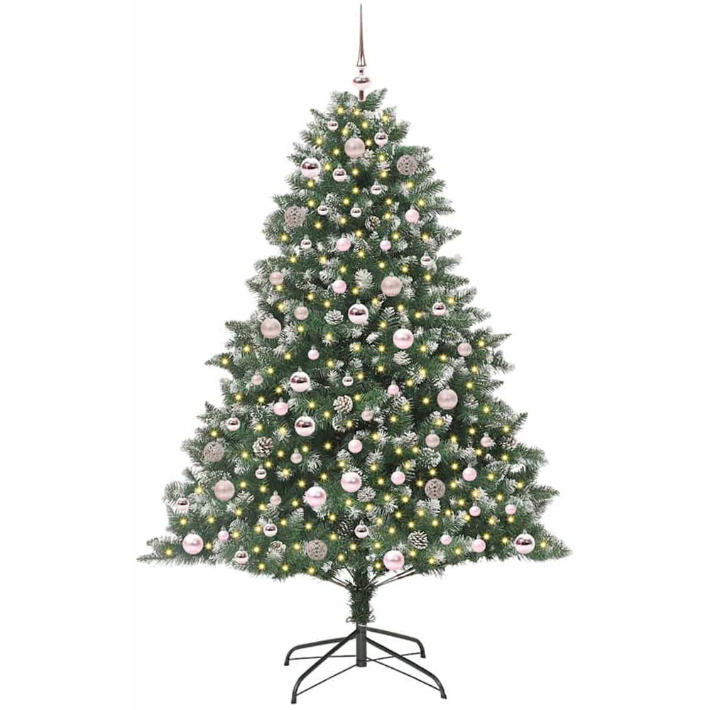 vidaXL Pre-Lit Pink Baubles Green Artificial Snow Tipped Christmas Tree 6ft Image 2