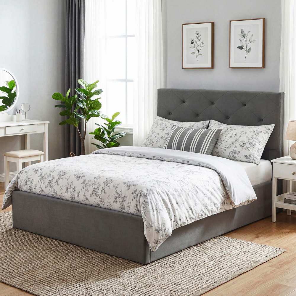 Portland Double Dark Grey Gas Lift-Up Bed Frame with Button-Tufted Headboard Image 1