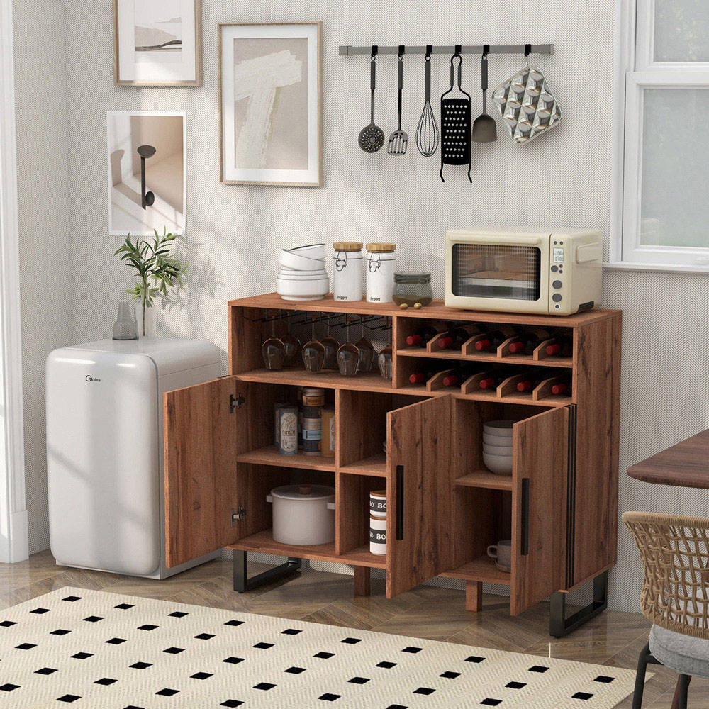 Costway 3 Door 10 Bottle Rustic Brown Home Wine Bar Cabinet with Glass Holder Image 4