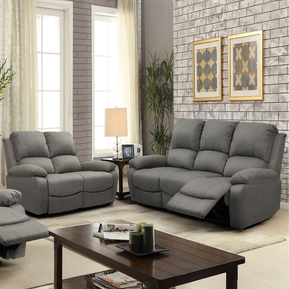 Brooklyn Luxury 5 Seater Light Grey Linen Recliner Sofa Set Image 1