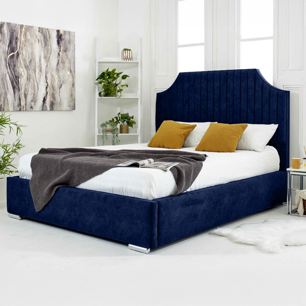Eleganza Ascend King Size Blue Plush Velvet Bed Frame with Lined Headboard Image 1