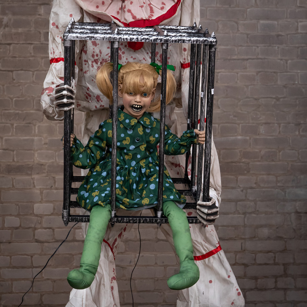 Samuel Alexander Clown with Caged Girl Halloween Animatronic Decoration 7ft Image 3