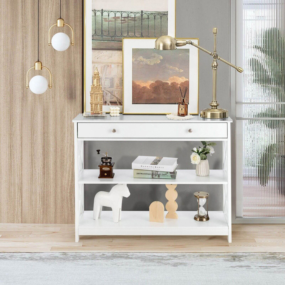 Costway Single Drawer 2 Shelf White Console Table Image 4