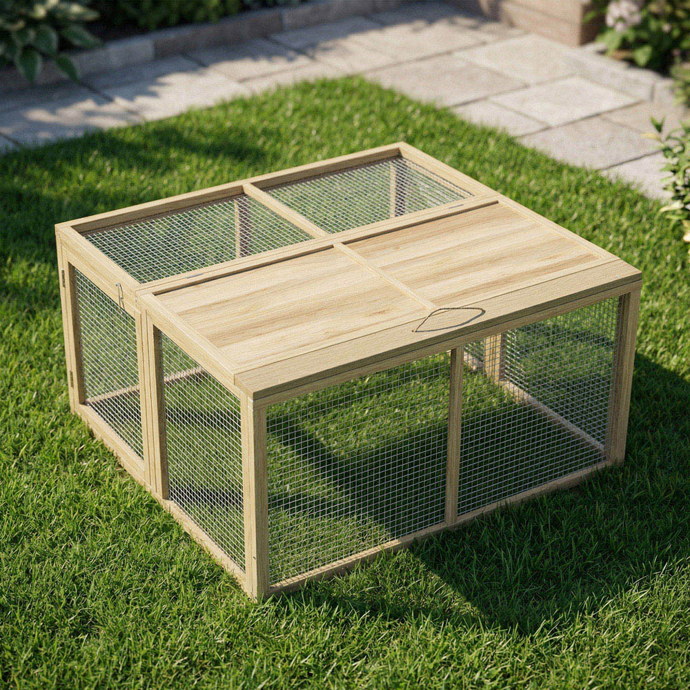 PawHut Natural Folding Wooden Rabbit Hutch with Openable Top Image 3