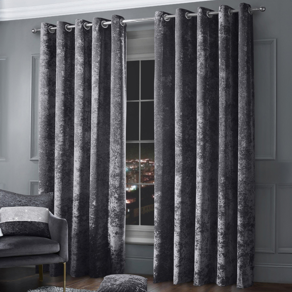 Intimates Charcoal Plain Crushed Velvet Curtains 229X189cm Image 1