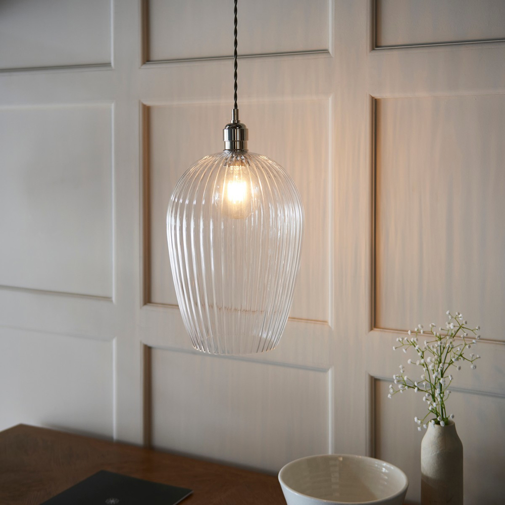 Merano Livorno Ribbed Glass Bright Nickel Plate Dome Pendant Ceiling Light Image 2