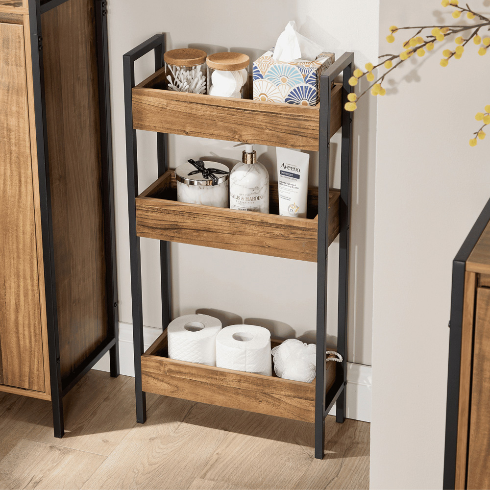 Home Source Locastra 3 Shelf Oak and Black Bathroom Storage Unit Image 6