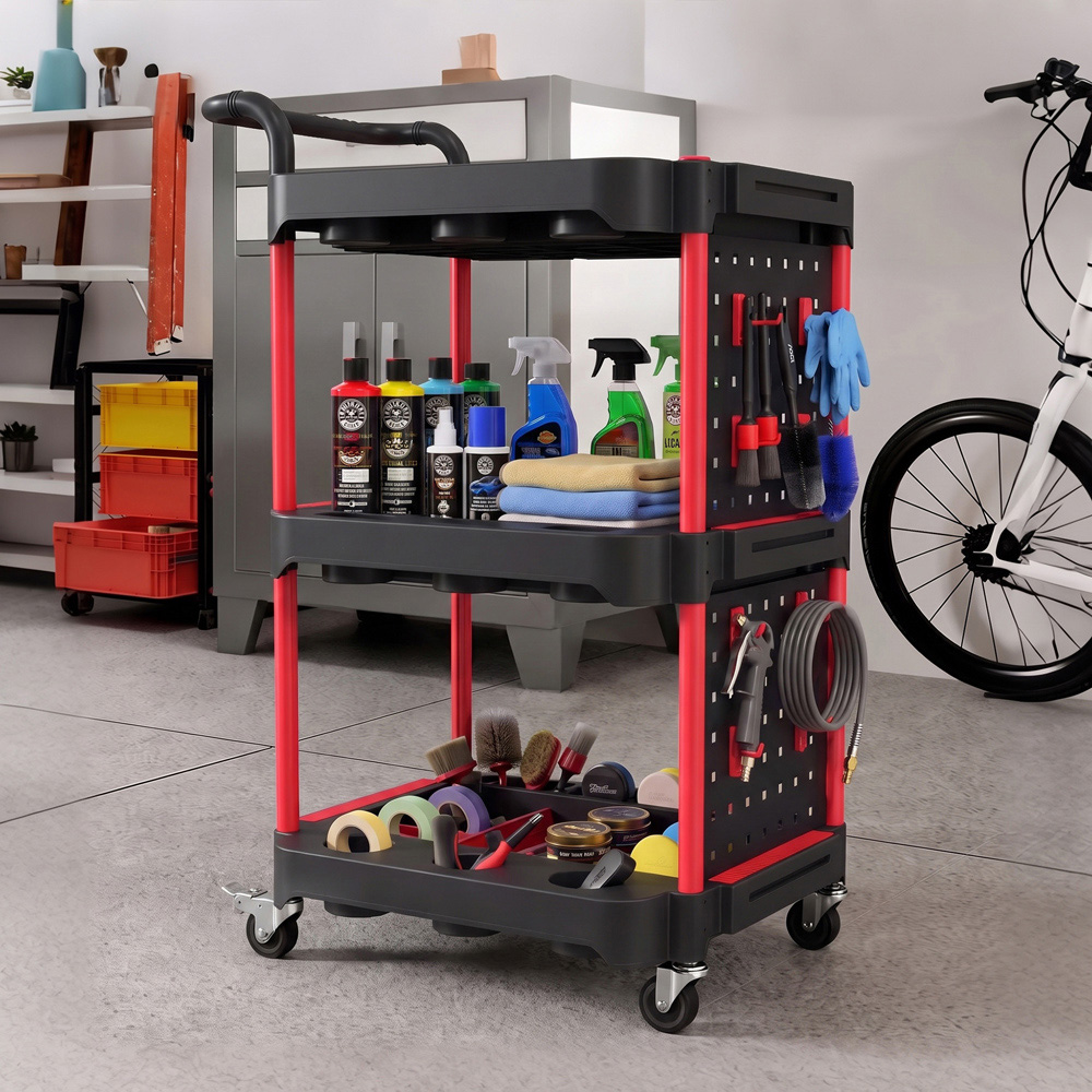 HOMCOM 3-Tier Black and Red Rolling Tool Cart with Pegboard and Hooks Image 4