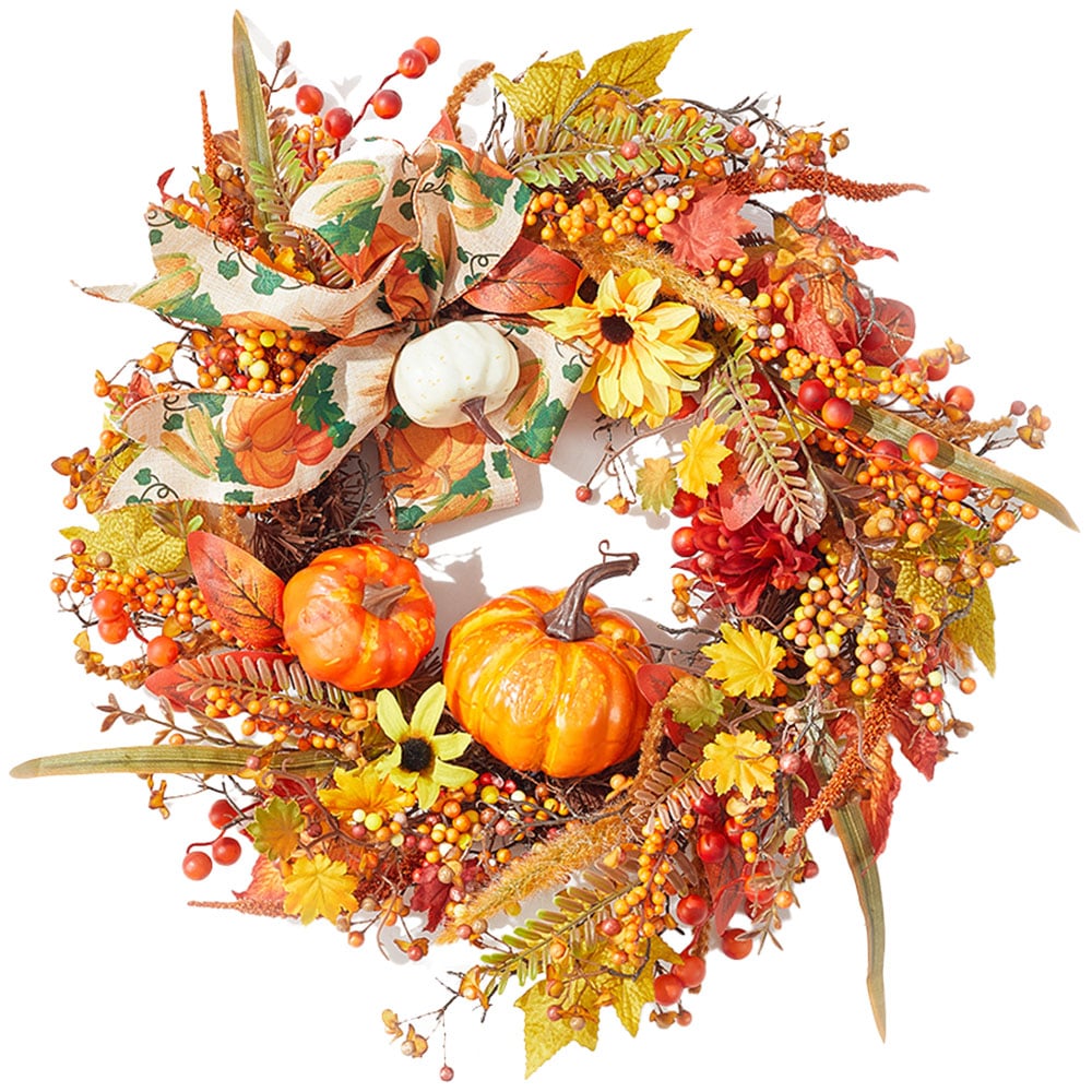 Living and Home Artificial Halloween Pumpkin Maple Leaves Wreath 50cm Image 1