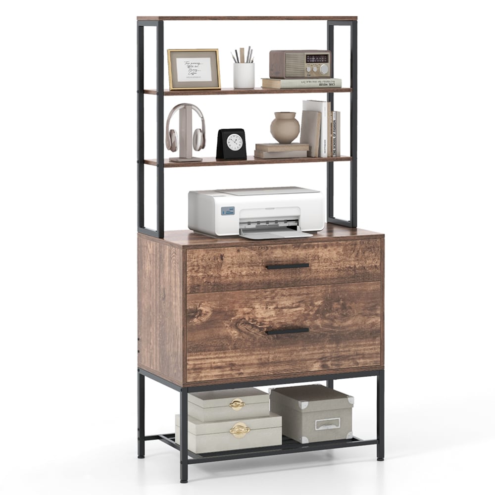 Costway 4 Shelf 2 Drawer Rustic Brown Freestanding Printer Stand Image 3