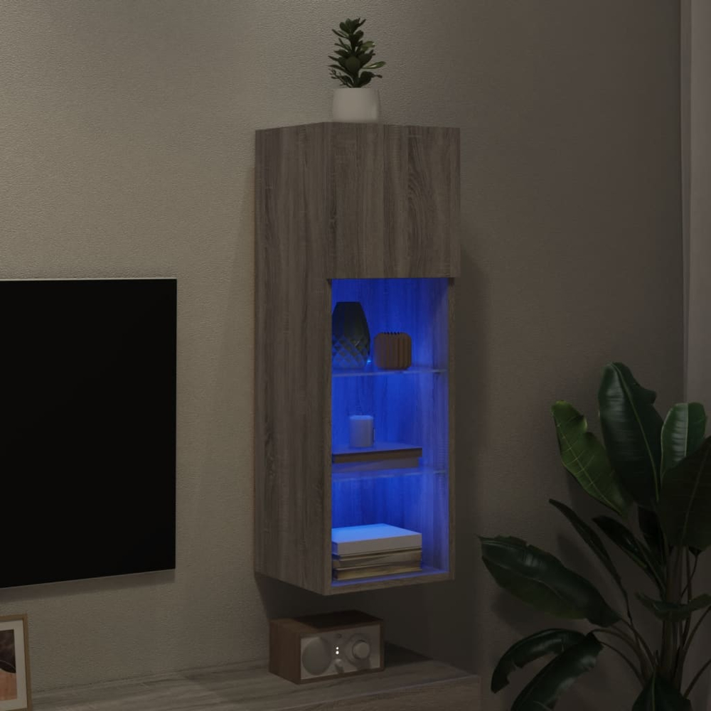 vidaXL Single Door 3 Shelf Grey Sonoma Small TV Cabinet with LED Lights Image 7