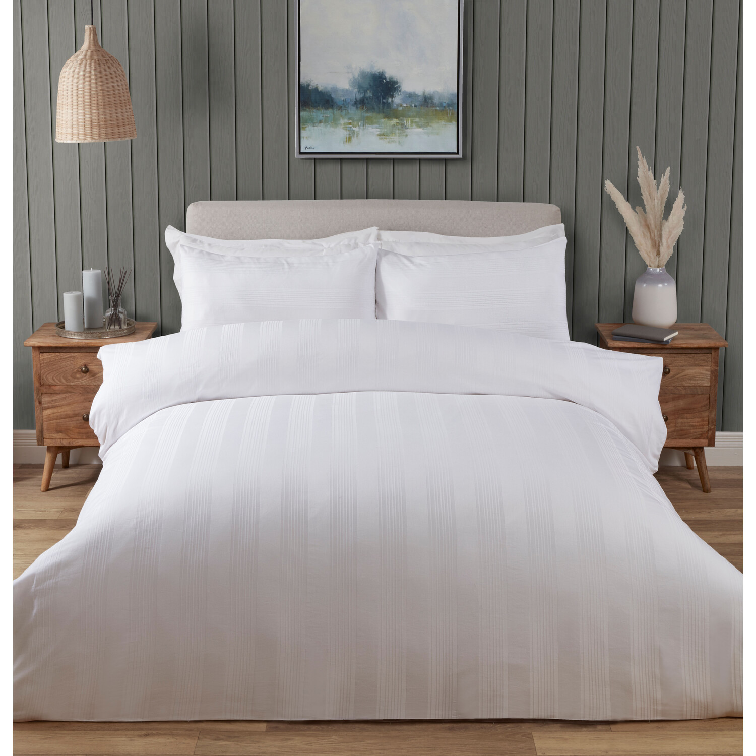 Divante Islington Stripe Sateen Duvet Cover and Pillowcase Set - White / Superking Image 1
