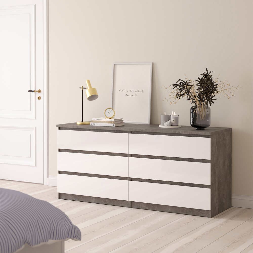 Florence 6 Drawer Concrete and White High Gloss Wide Chest of Drawers Image 6
