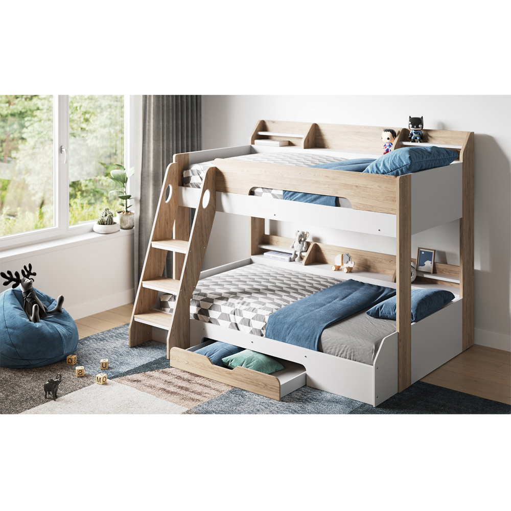 Flair Flick Triple Sleeper Oak Single Drawer Wooden Bunk Bed with Shelves Image 5