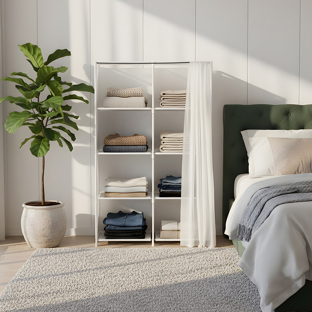 Living and Home 4-Tier White Freestanding Portable Wardrobe with Double-Row Storage and Curtain Image 7