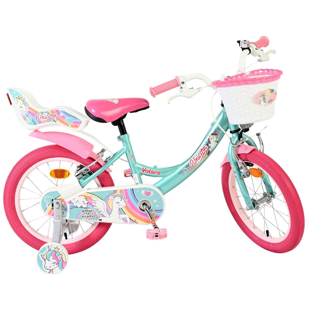 Volare Unicorn Kids 16 inch Green and Pink Bike with Stabilisers Doll Seat and Basket Image 4
