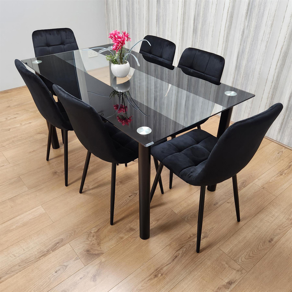 Portland Glass 6 Seater Velvet Dining Set Black Image 6
