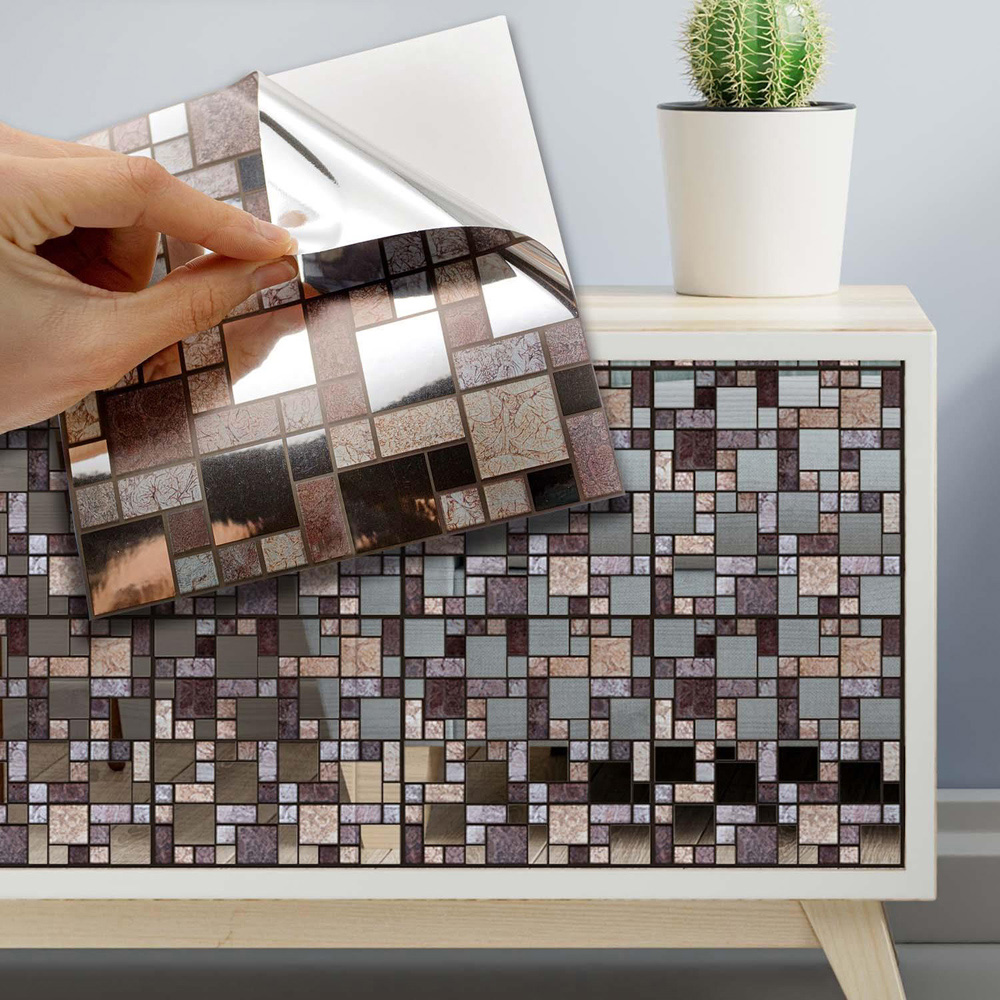 Walplus Metallic Silver Brown Stone Mosaic Self Adhesive Tile Sticker 24 Pack Image 3