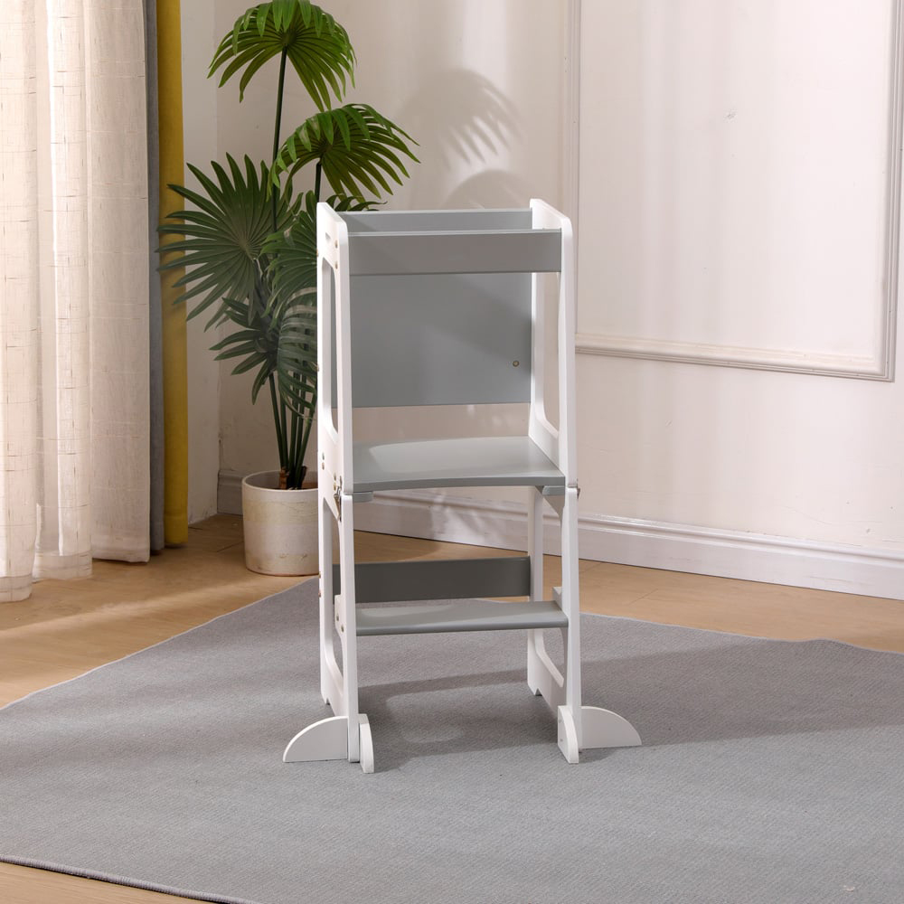 FurnitureHMD 2-in-1 White and Grey Kids Wooden Kitchen Step Stool with Blackboard and Safety Rail Image 9