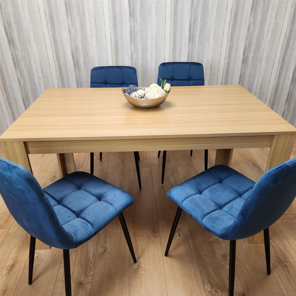 Portland 4 Seater Square Velvet Dining Set Oak Effect and Blue Image 3