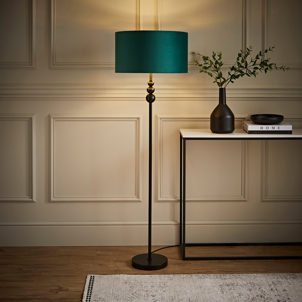 ValueLight Marissa Forest Green Velvet Gold Inner Shade Black Stacked Ball LED Floor Lamp Image 2