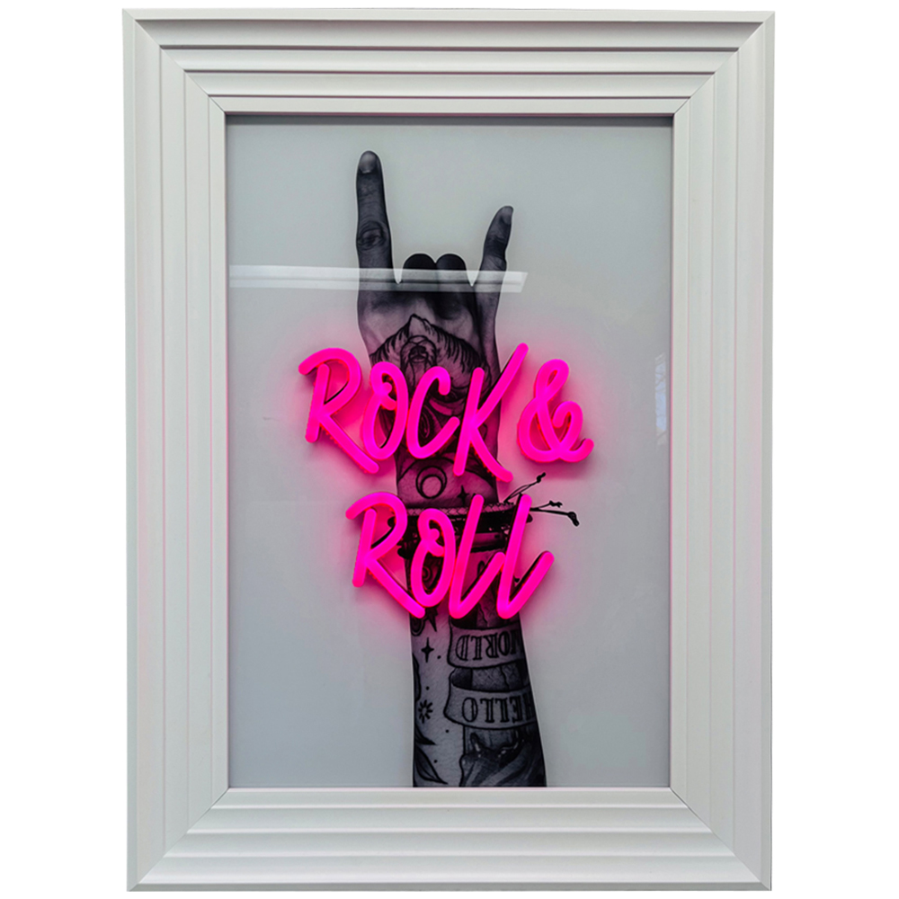 Splashbax Rock And Roll White Premium Gallery Frame LED Neon Wall Art Image 1