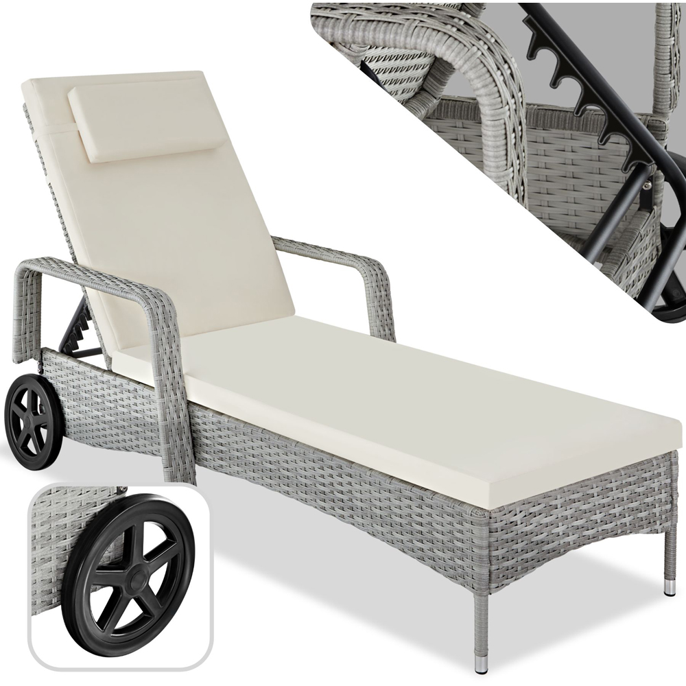 tectake Cassis Light Grey 6 Level Adjustable Sun Lounger with Removable Headrest and Wheels Image 2