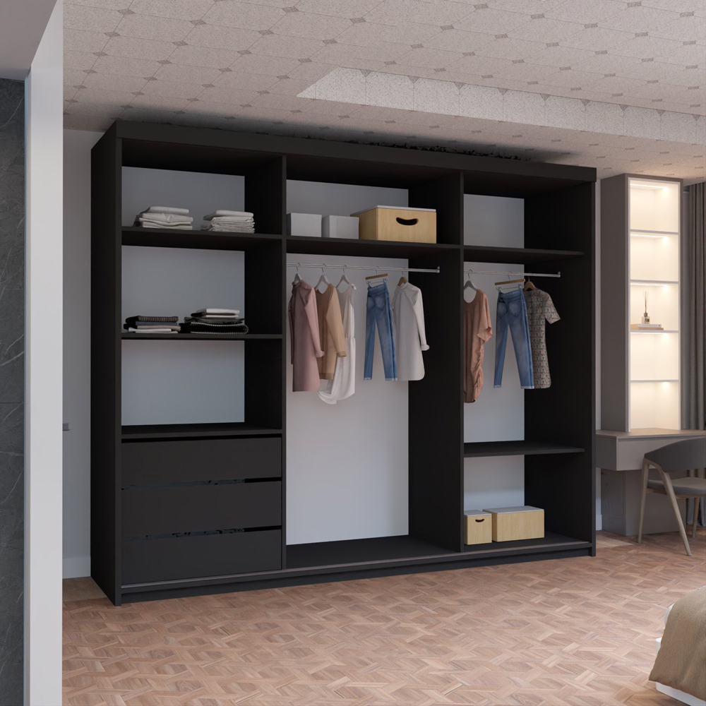M N Furniture Roman 3 Door Black and Oak Mirrored Sliding Wardrobe 250cm Image 3