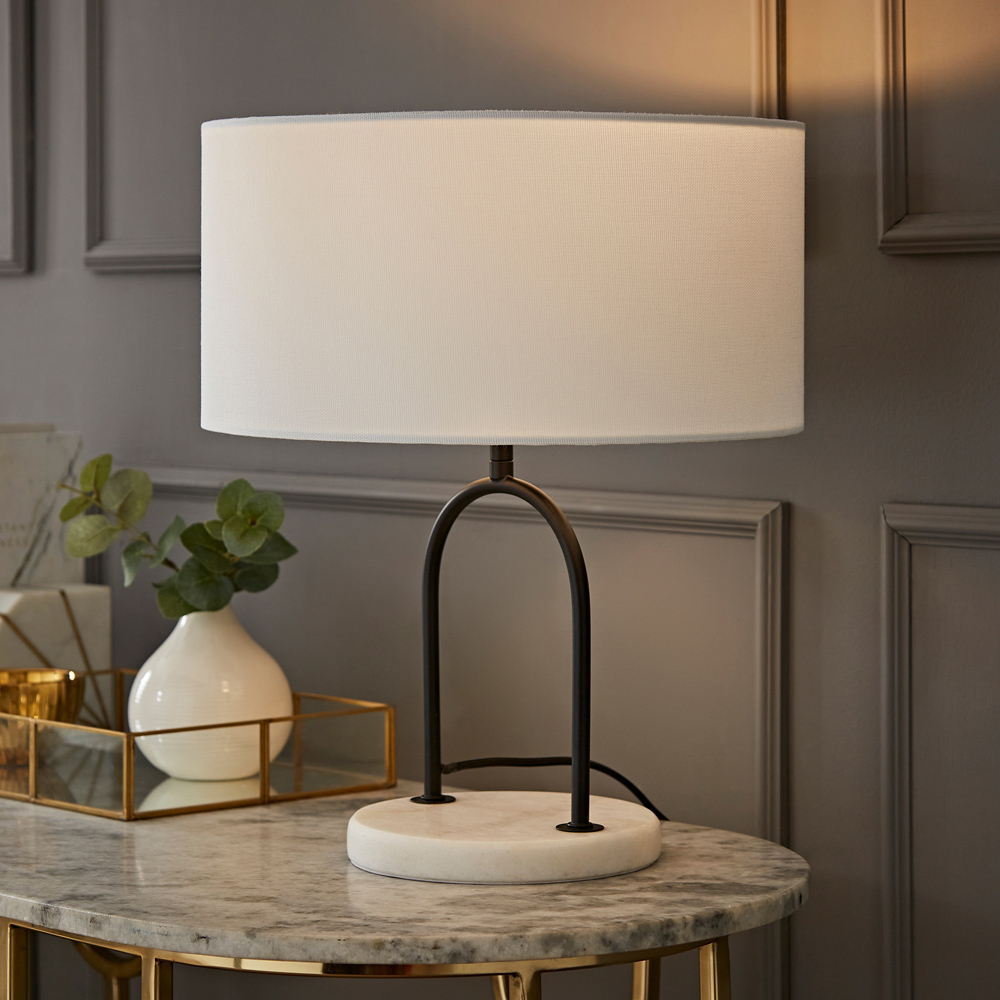 ValueLights Rachel White Linen Lamp Shade Black Arch Marble Base LED Table Lamp Image 2