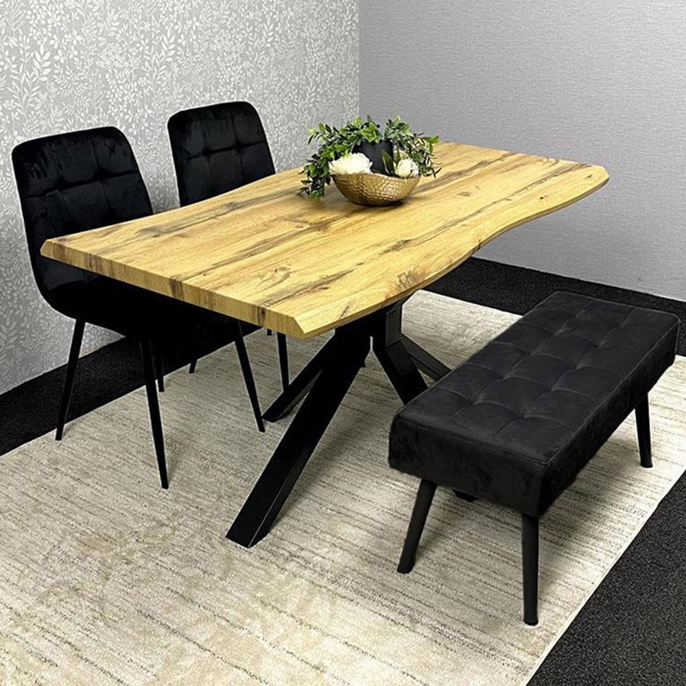 Portland 3 Seater Velvet Wooden Dining Set with Bench Brown and Black Image 1