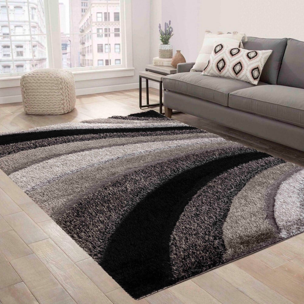 Desire Rug Modern Grey Waves Shimmer Soft Shaggy Area Rug 120 x 170cm Image 4