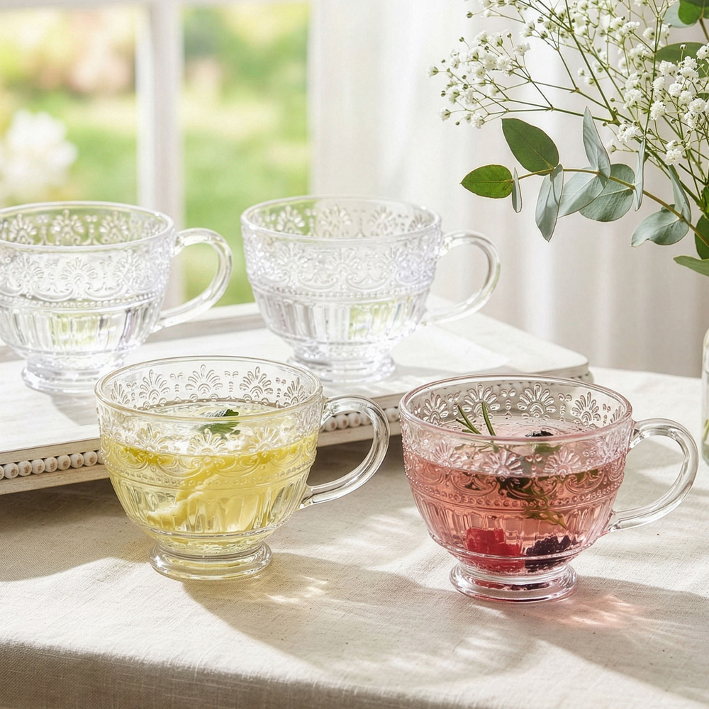 Dibor Rembrandt Embossed Ornate Scrolled Design Glass Mug Set 4 Pack Image 2