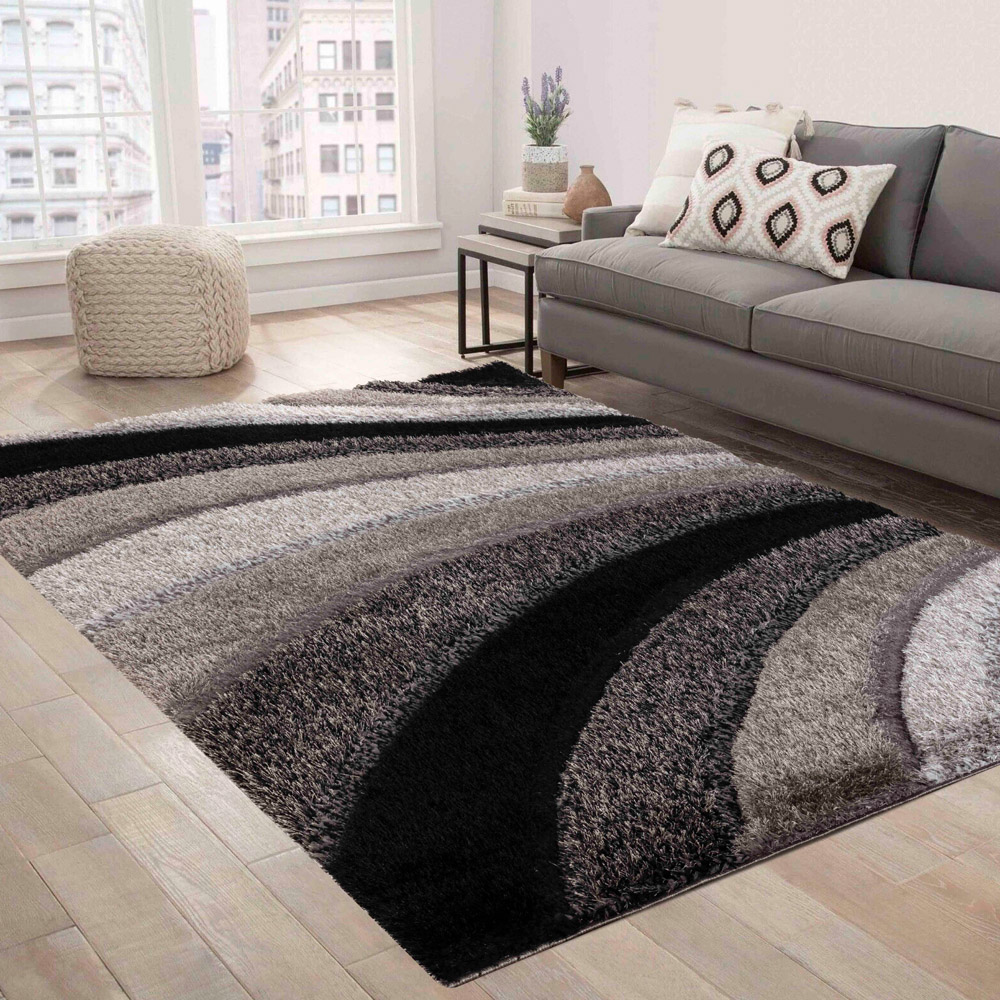 Desire Rug Modern Grey Waves Shimmer Soft Shaggy Area Rug 60 x 220cm Image 4