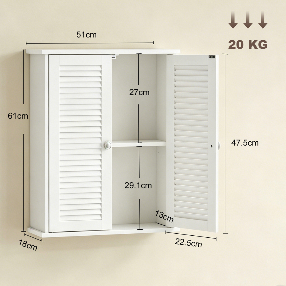 HOMCOM 2 Louvered Door White Wall-Mounted Bathroom Cabinet Image 9