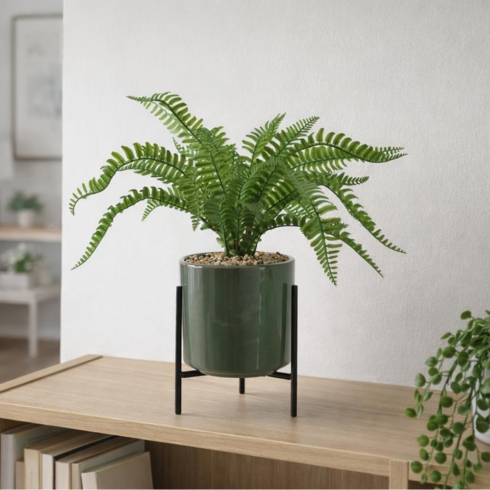 Leaf Fern Artificial Plant in Ceramic Planter and Stand 40cm Image 2