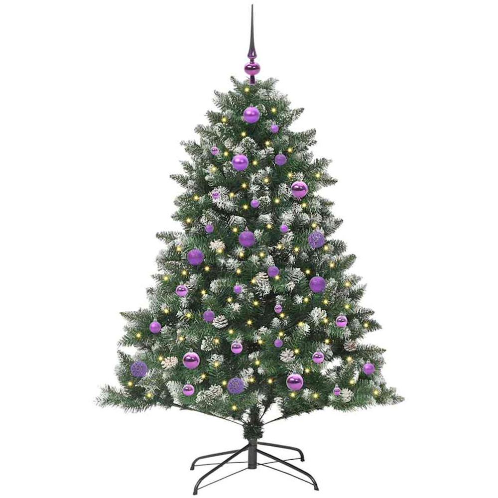 vidaXL Pre-Lit Lilac Baubles Green Artificial Snow Tipped Christmas Tree 5ft Image 1