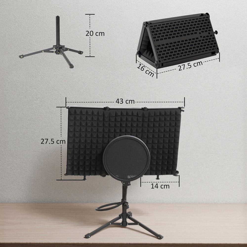 HOMCOM Black Studio Microphone Isolation Shield with Pop Filter and Stand Image 9