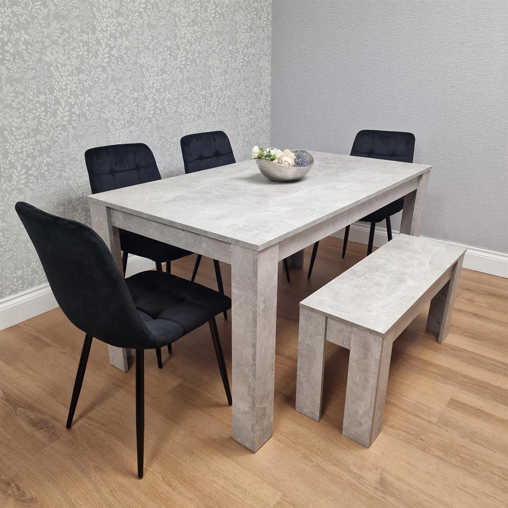 Portland Velvet 6 Seater Dining Set with Bench Stone Grey and Black Image 1