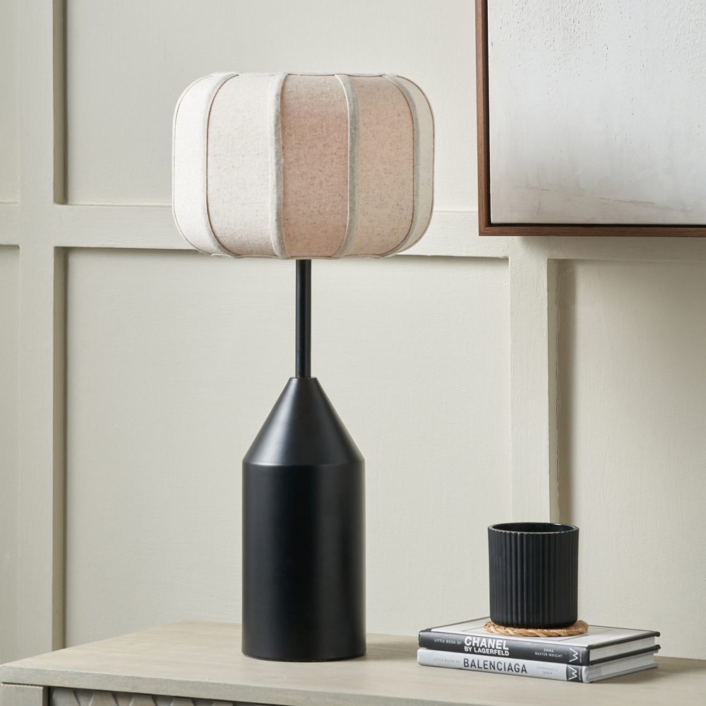 Pacific Lifestyle Oscar Natural Linen Shade Black Metal Structured Table Lamp Image 2