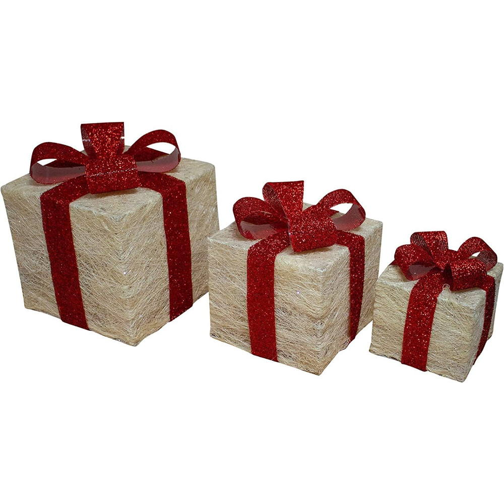 Shatchi Set of 3 Warm White LED Tartan Bow Rattan Parcels Image 3