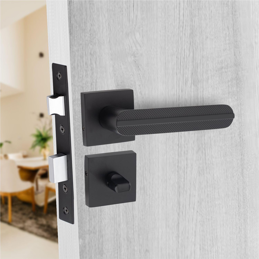 Golden Grace Square Rose Matt Black Finish Modern Lima Design Bathroom Door Handle Set Image 2