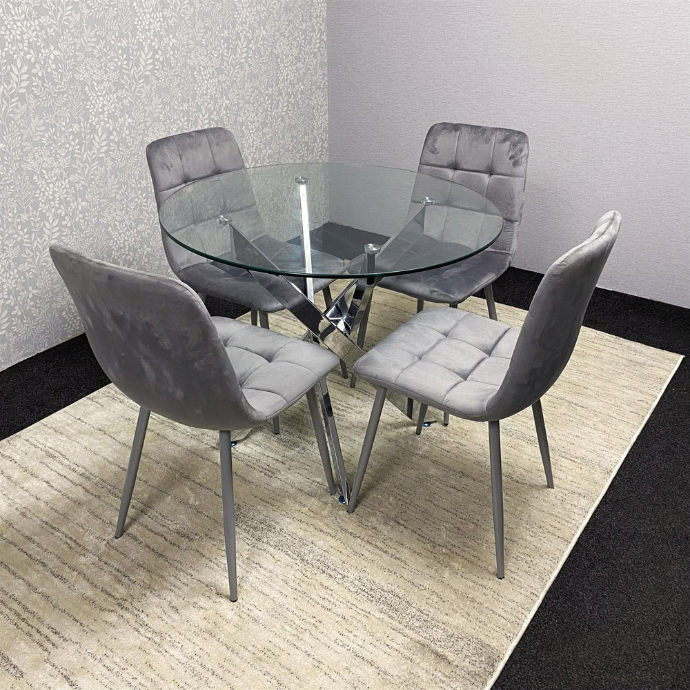 Kosy Koala 4 Seater Glass Round Dining Set Grey Velvet Image 3