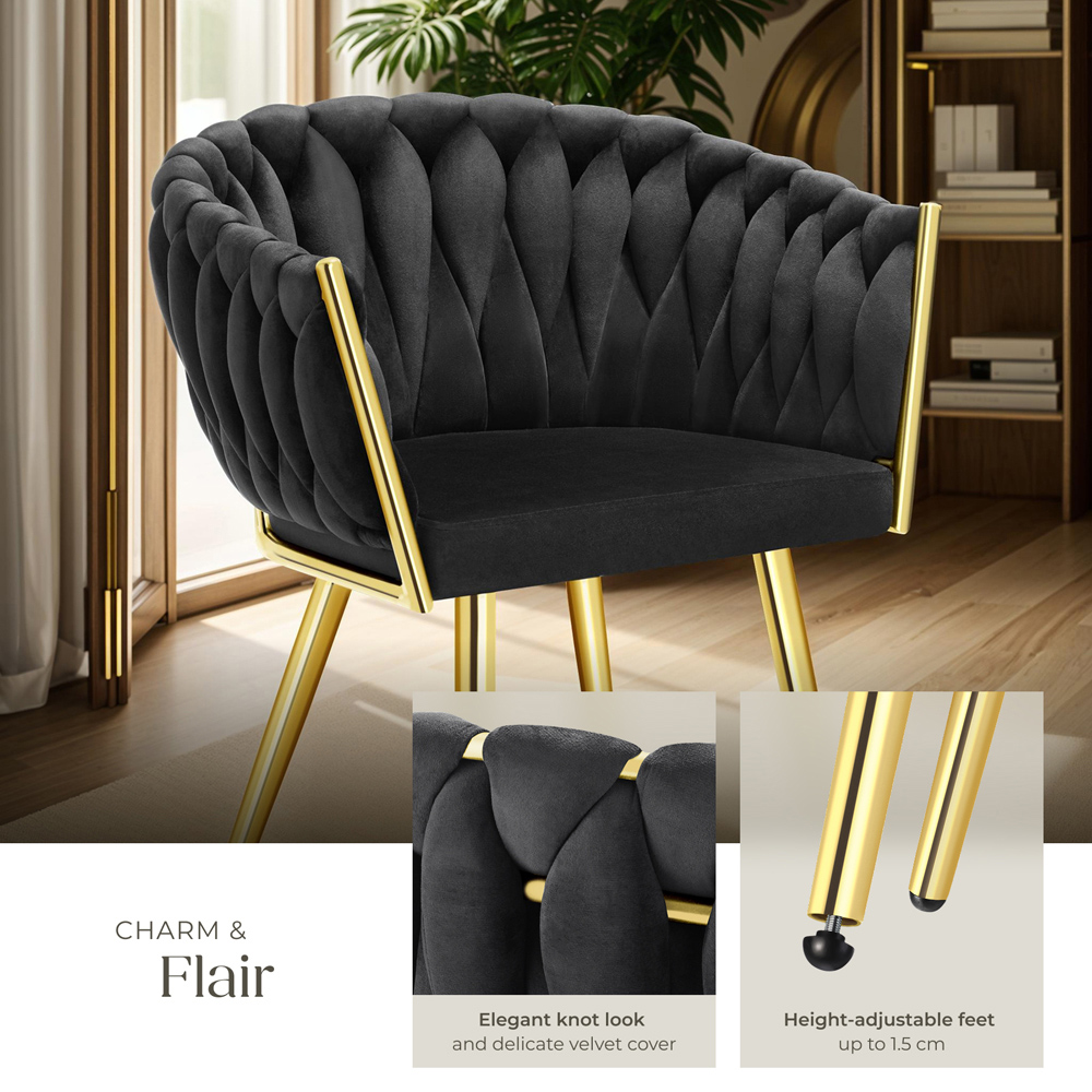 tectake Astano Set of 6 Black and Gold Velvet Padded Knot Design Dining Chair Image 5