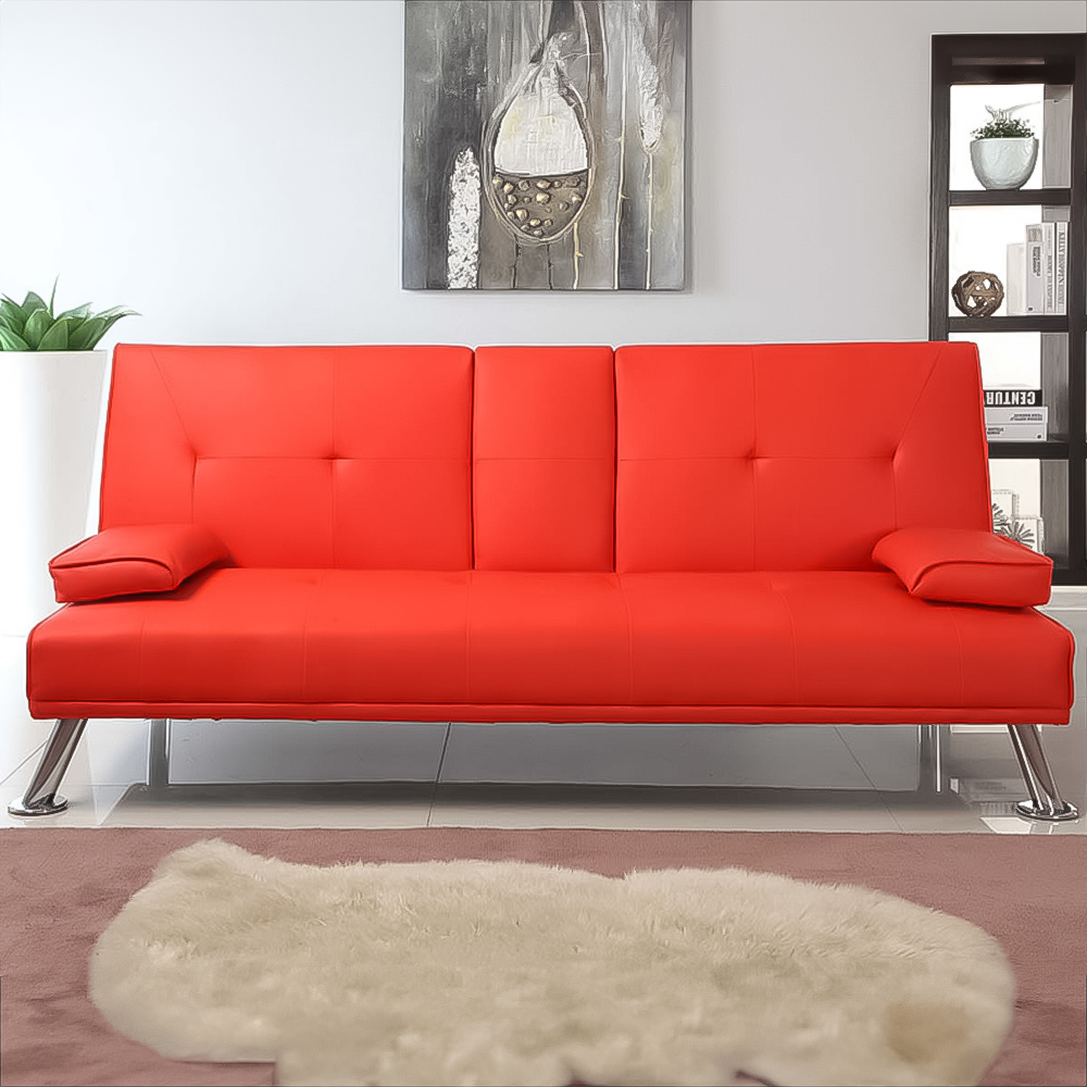 Brooklyn 2 Seater Red Faux Leather Italian Sofa Bed with Cup Holder Image 1