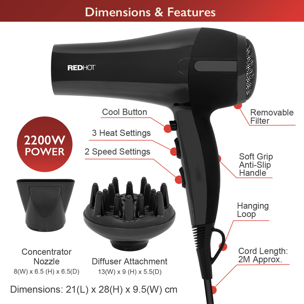 Red Hot Black Professional Hair Dryer with Diffuser Image 8