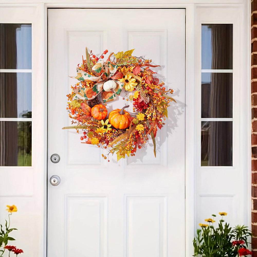 Living and Home Artificial Halloween Pumpkin Maple Leaves Wreath 50cm Image 7