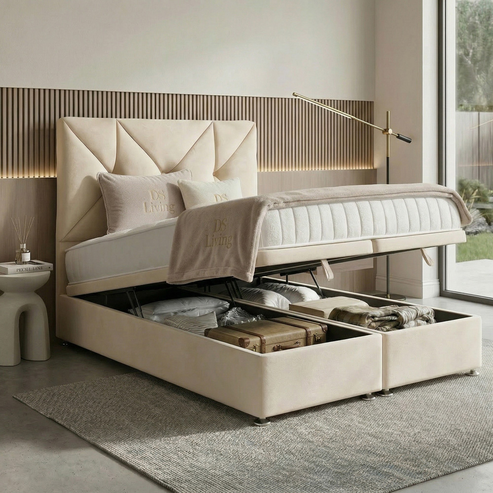 DS Living Eclipse King Size Cream Plush Velvet Ottoman Bed Image 2