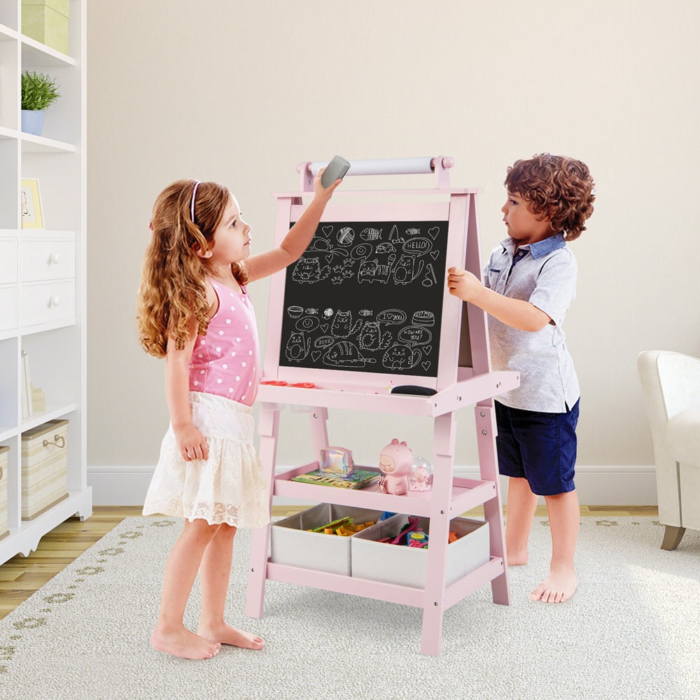 Costway Kids Pink Double Sided Art Easel with Paper Roll Image 2