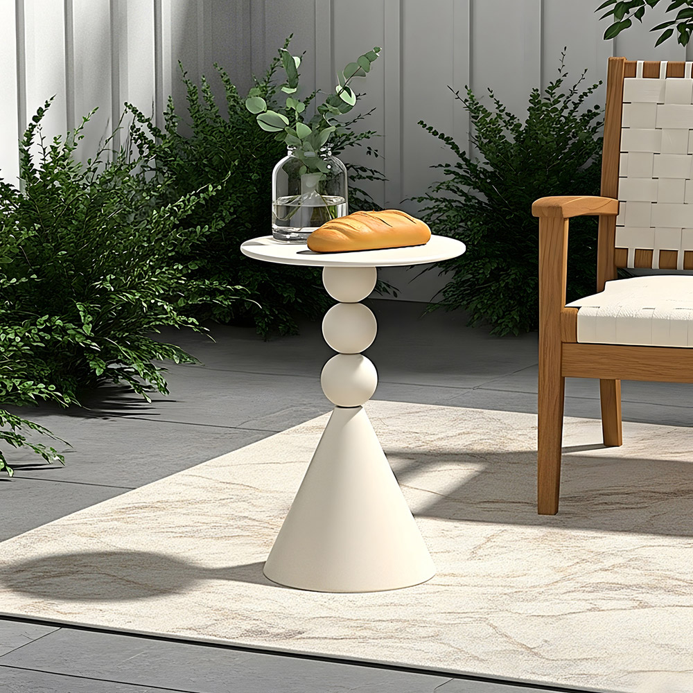 Living and Home Cream White Round Triple Sphere Column and Conical Base Side Table Image 8