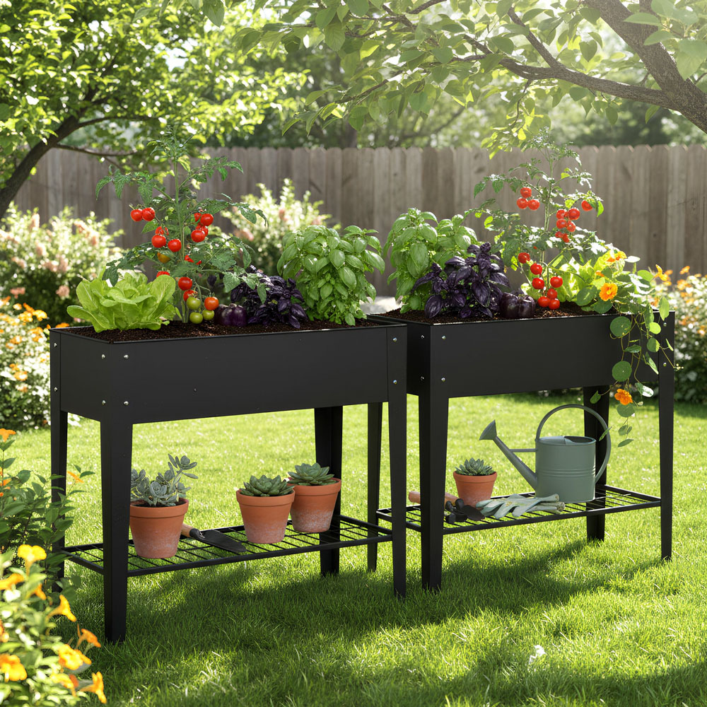 Harbour Housewares Anthracite Galvanised Steel Raised Garden Bed with Legs and Storage Shelf Image 3